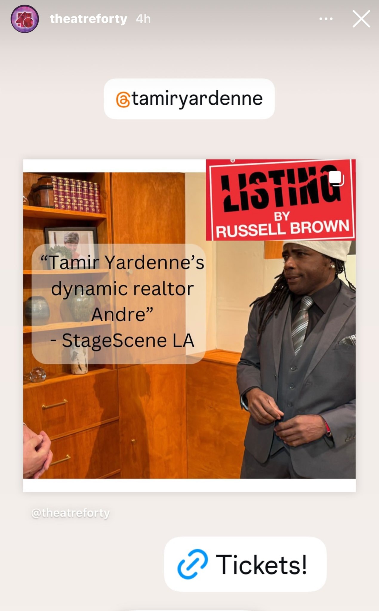 Theatre 40 Instagram story featuring Tamir Yardenne in Listing
